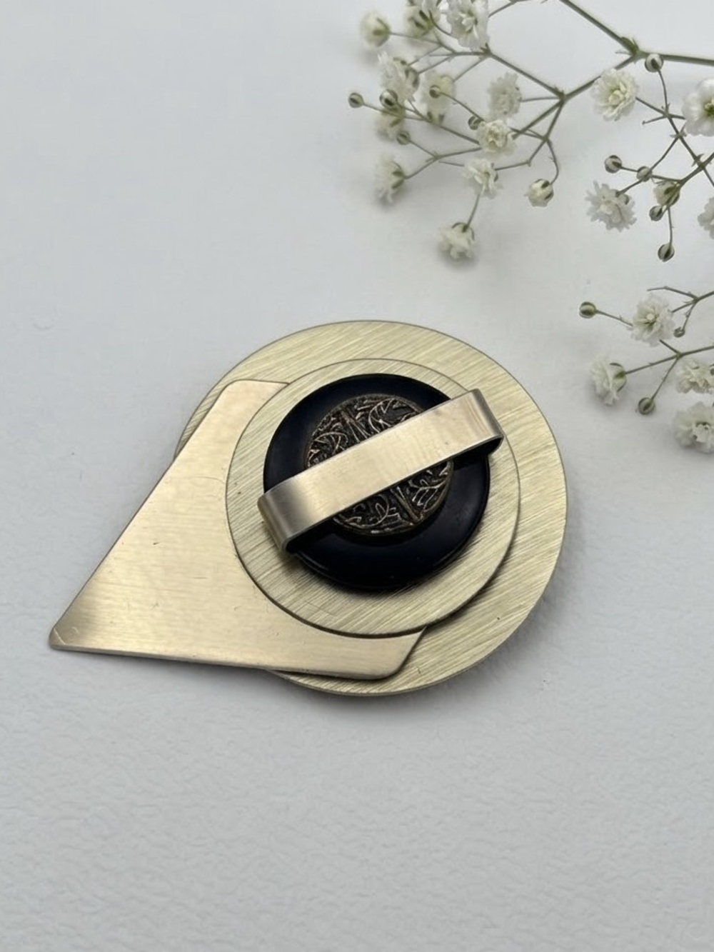 Vintage Modernist Geometric Brushed Gold & Black Layered Brooch Pin